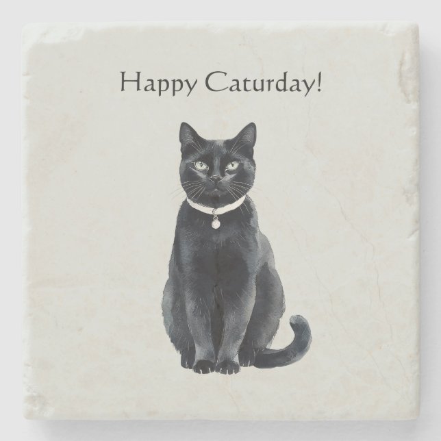 Glücklicher Caturday Schwarze Katze Steinuntersetzer (Vorderseite)