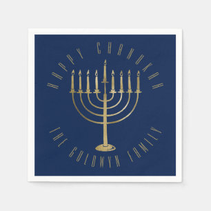 Glücklicher Chanukah blauer GoldMenorah Feiertag Serviette