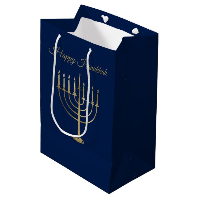 Glücklicher Chanukka-Imitat-GoldMenorah Mittlere Geschenktüte (Vorderseite Schrägansicht)