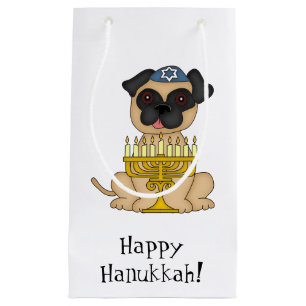 Glücklicher Chanukka-Mops Hund mit Kleine Geschenktüte