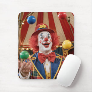 Glücklicher Clown jongliert farbenfrohe Bälle Mousepad