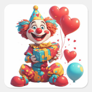 Glücklicher Clown mit Ballons und Geschenk 🎂 Quadratischer Aufkleber