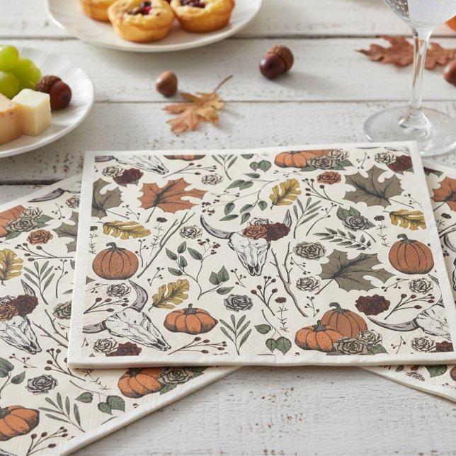 Glücklicher Erntedankend Kuh Schädel Fall Ernte Serviette (Elegant Cream Fall Cow Skulls Thanksgiving Paper Napkins. Unique Rustic Pumpkins, Autumn Leaves)