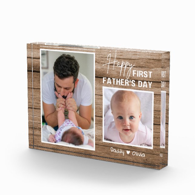 Glücklicher erster Vater's Day New Dad Wood 2 Foto (Rechts)