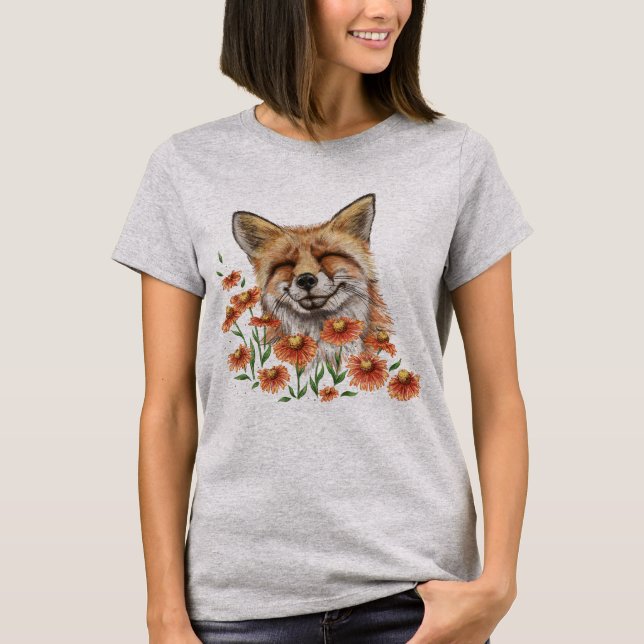 Glücklicher Fuchs bei Blume T-Shirt (Vorderseite)