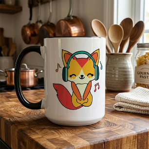 Glücklicher Fuchs mit Kopfhörern, der Musik hört. Tasse