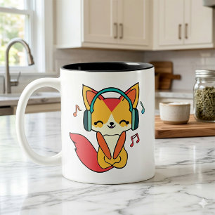 Glücklicher Fuchs mit Kopfhörern, der Musik hört. Zweifarbige Tasse