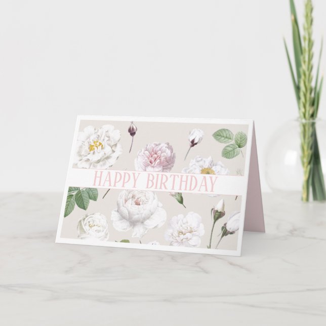 GLÜCKLICHER GEBURTSTAG BOTANISCHE WEISSE ROSES GRE KARTE (Vorderseite)
