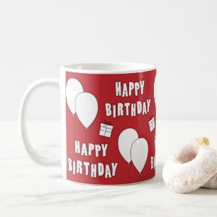 Glücklicher Geburtstag mit Balloons rotem Hinterg Kaffeetasse