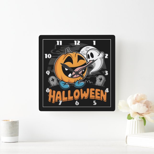 Glücklicher Geist und Kürbis feiern Halloween-Spaß Quadratische Wanduhr (Zuhause)
