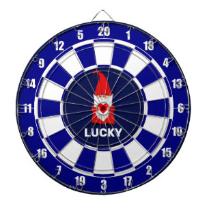 Glücklicher Gnom mit Herz auf Blau und Weiß Dartscheibe