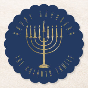 Glücklicher Goldchanukkas blauer Menorah Feiertag Untersetzer