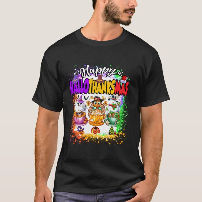 glücklicher Hallothanksmas Glass Halloween-Ernteda T-Shirt (Vorderseite)