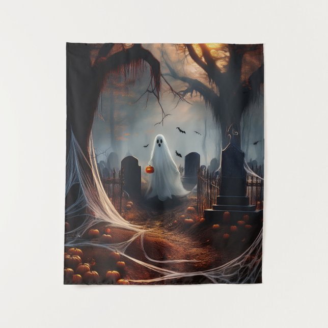 Glücklicher Halloween-Geist auf einem Friedhof Wandteppich (Vorderseite)