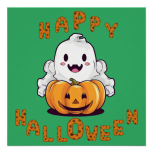 Glücklicher Halloween Geist sitzend auf einem Kürb Poster