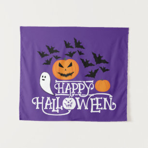 Glücklicher Halloween Kürbis Gespenst Fledermäuse Wandteppich