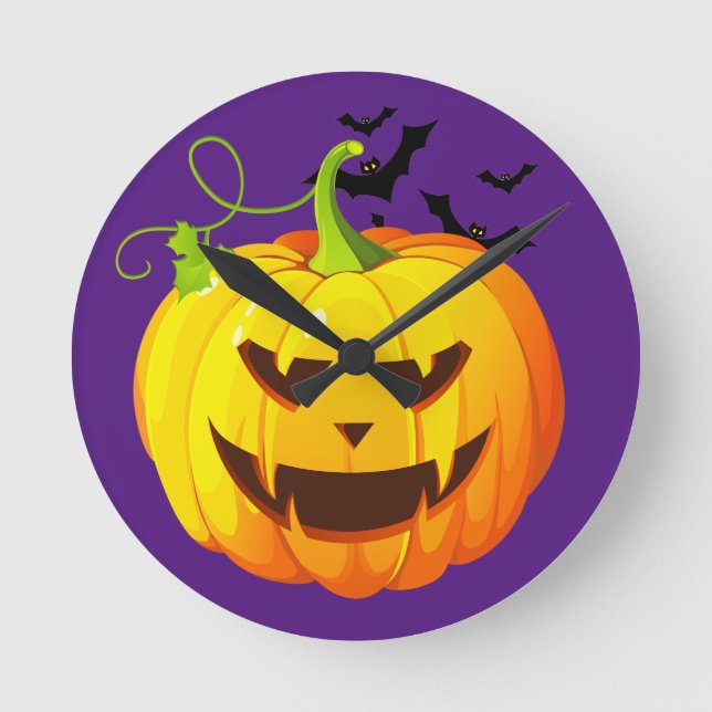 Glücklicher Halloween-Kürbis-Kopf Runde Wanduhr (Vorderseite)