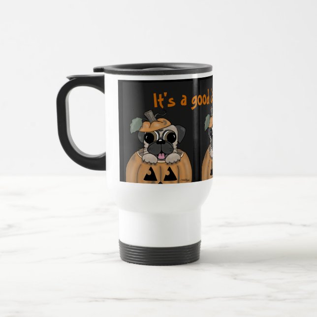Glücklicher Halloween-Mops in Jack O' Lantern Reisebecher (Links)