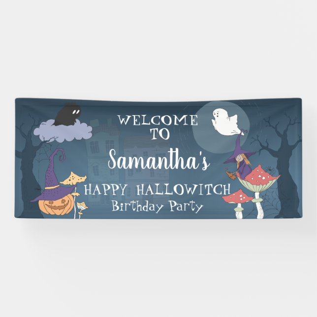 Glücklicher Halloween-Party Violett-Hexe-Empfang Banner (Horizontal)