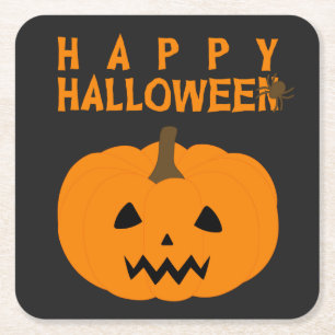 Glücklicher Halloween-Text und Kürbis auf Schwar Rechteckiger Pappuntersetzer