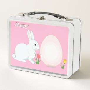 Glücklicher Hase, Ei und Blumen auf Rosa Metall Brotdose