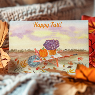 Glücklicher Herbst-Aquarell-Kürbis, Mums, Schubkar Postkarte