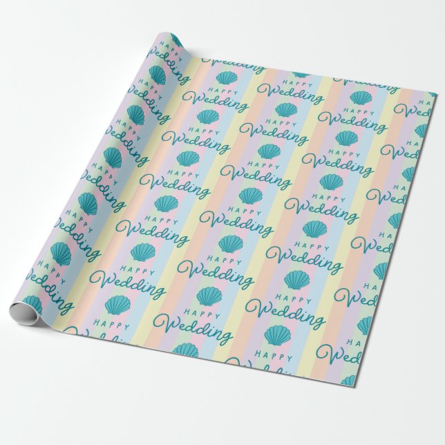 Glücklicher Hochzeitstext Blaue Meeresmuschel Bunt Geschenkpapier (Ungerollt)