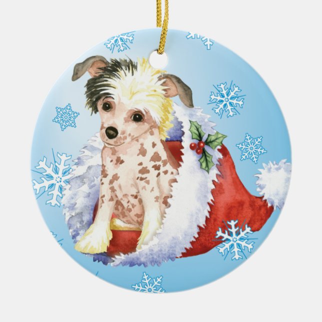 Glücklicher Howliday Chinese Crested Keramikornament (Vorne)