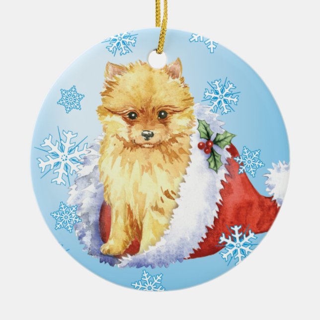 Glücklicher Howliday Spitz Keramikornament (Vorne)