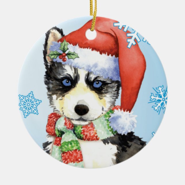 Glücklicher Howlidays Schlittenhund Keramikornament (Vorne)