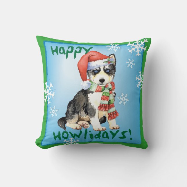Glücklicher Howlidays Schlittenhund Kissen (Vorderseite)