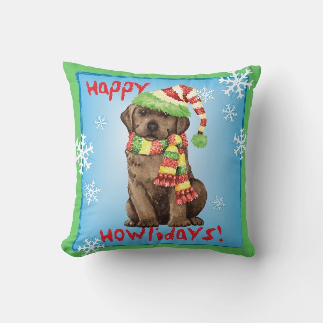 Glücklicher Howlidays Schokoladen-Labrador Kissen (Vorderseite)