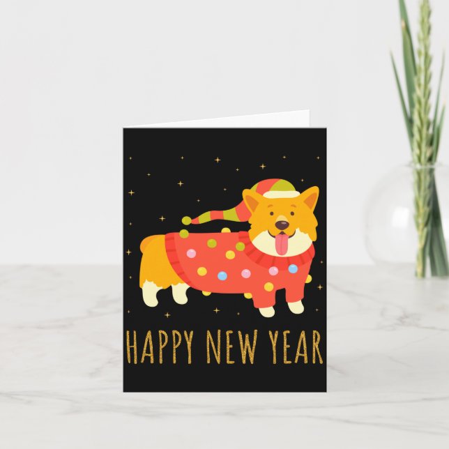 Glücklicher Hund Corgi feiert Silvester Cozy Chris Karte (Vorderseite)