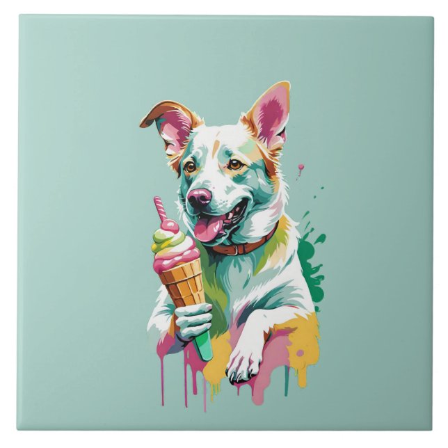 Glücklicher Hund, der ein Eis isst Fliese (Vorderseite)