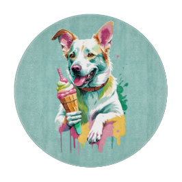 Glücklicher Hund, der ein Eis isst Schneidebrett