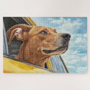 Glücklicher Hund im gelben Auto Kunstprint