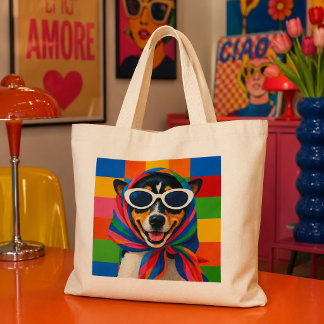 Glücklicher Hund in Regenbogen-Babuschka-Schal Pop Jumbo Stoffbeutel