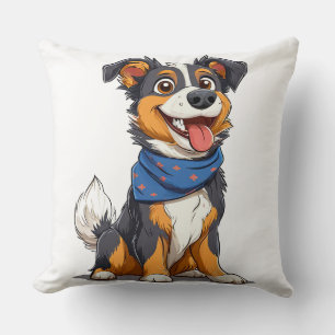 Glücklicher Hund mit blauem Bandana Kissen