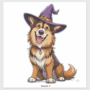 Glücklicher Hund mit einem Hexenhut Aufkleber