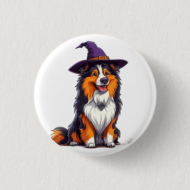 Glücklicher Hund mit einem Hexenhut Button (Vorderseite)