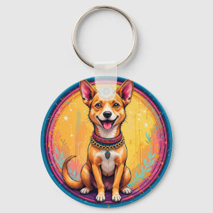 🐶 Glücklicher Hund mit farbenfrohem Halsband für Schlüsselanhänger