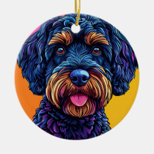 Glücklicher Hund vor farbenfrohem Hintergrund Keramik Ornament