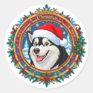 Glücklicher Husky-Hund in festlichem Weihnachtskra Runder Aufkleber