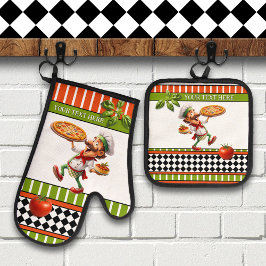 Glücklicher italienischer Pizzabäcker Ofenhandschuh & Topflappen-Set
