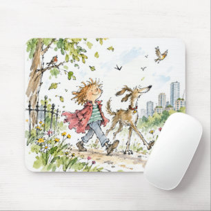 Glücklicher Junge und Hund im Stadtpark Mousepad