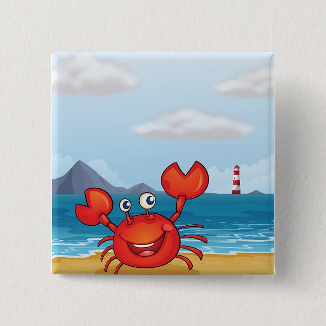 Glücklicher Krebs am Strand mit Leuchtturm Button (Vorderseite)