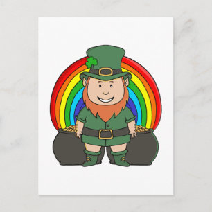 Glücklicher Leprechaun mit Regenbogentopf voll Gol Postkarte