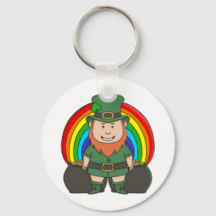 Glücklicher Leprechaun mit Regenbogentopf voll Gol Schlüsselanhänger
