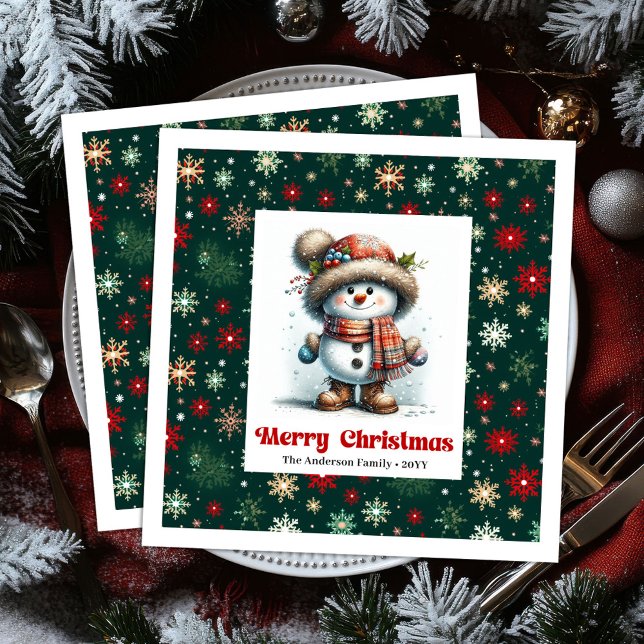 Glücklicher lustiger Schneemann mit Schneeflocken- Serviette (Happy funny snowman with snowflakes kids napkins)