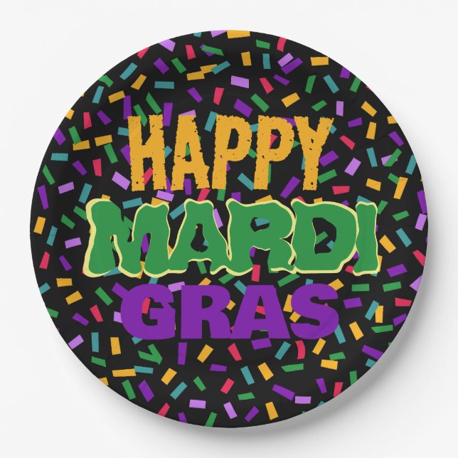 glücklicher Mardi Gras Konfettschwarz Pappteller (Vorderseite)